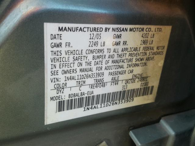 1N4AL11D26N353909 - 2006 NISSAN ALTIMA S GREEN photo 10