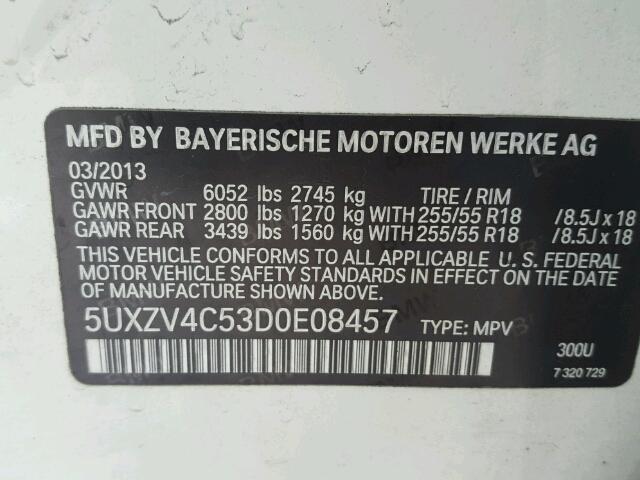 5UXZV4C53D0E08457 - 2013 BMW X5 XDRIVE3 WHITE photo 10