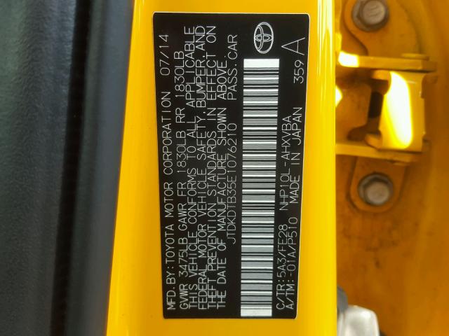 JTDKDTB35E1076210 - 2014 TOYOTA PRIUS C YELLOW photo 10