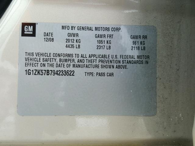 1G1ZK57B794233622 - 2009 CHEVROLET MALIBU LTZ CREAM photo 10