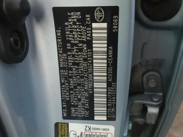 4T1BE30K16U743101 - 2006 TOYOTA CAMRY LE 蓝色 照片 10