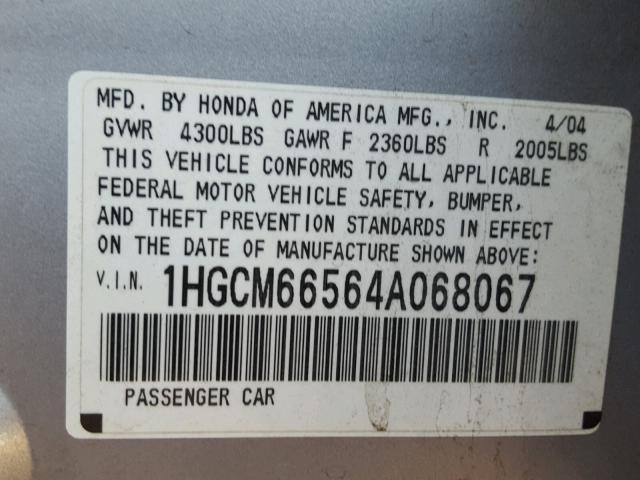 1HGCM66564A068067 - 2004 HONDA ACCORD EX SILVER photo 10