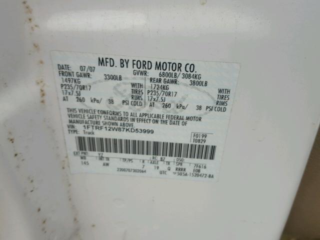 1FTRF12W87KD53999 - 2007 FORD F150 WHITE photo 10