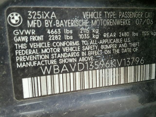 WBAVD13596KV13796 - 2006 BMW 325 XI GRAY photo 10