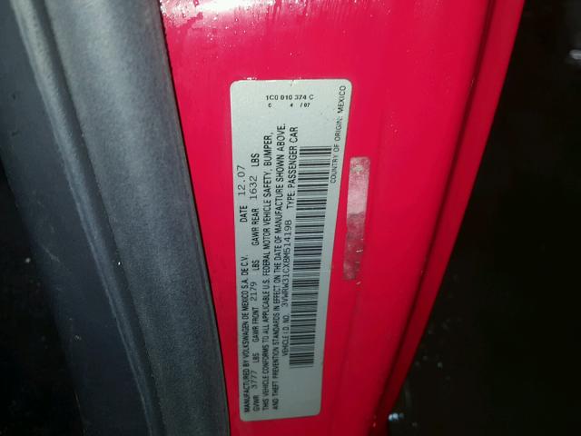 3VWRW31CX8M514198 - 2008 VOLKSWAGEN NEW BEETLE 红色 照片 10