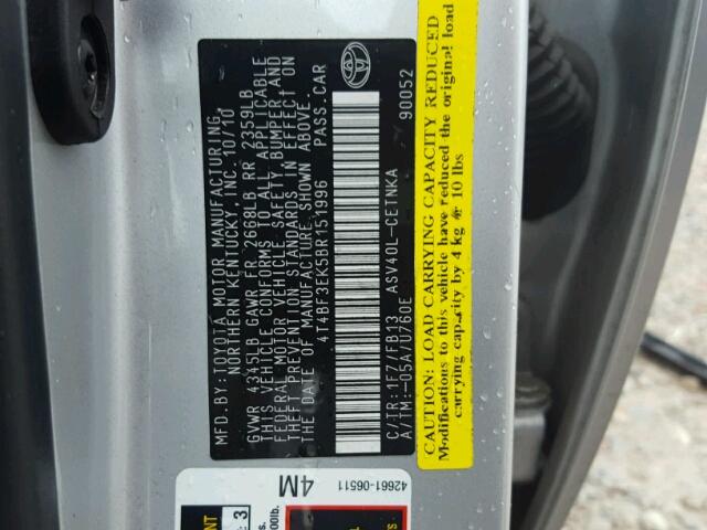 4T4BF3EK5BR151996 - 2011 TOYOTA CAMRY BASE SILVER photo 10