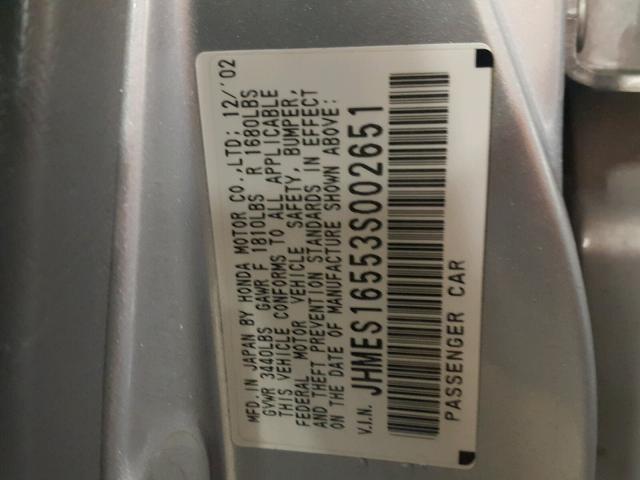 JHMES16553S002651 - 2003 HONDA CIVIC LX SILVER photo 10