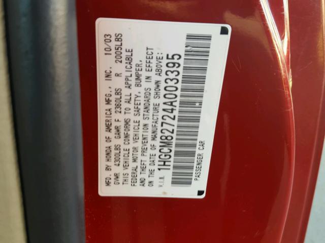 1HGCM82724A003395 - 2004 HONDA ACCORD EX RED photo 10