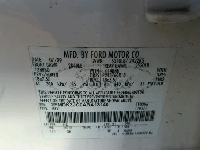 2FMDK3JC0ABA13140 - 2010 FORD EDGE SEL WHITE photo 10