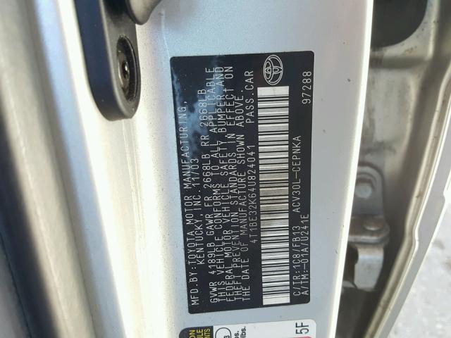 4T1BE32K64U824041 - 2004 TOYOTA CAMRY LE 银色 照片 10