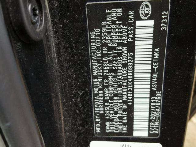 4T4BF3EK4BR099275 - 2011 TOYOTA CAMRY BASE BLACK photo 10