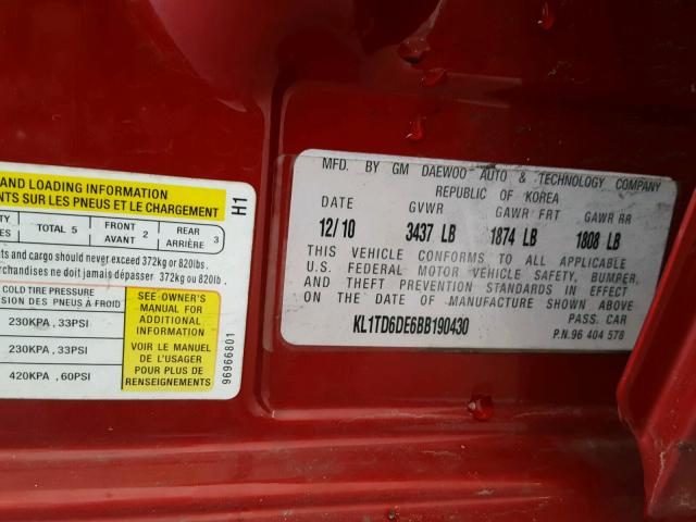 KL1TD6DE6BB190430 - 2011 CHEVROLET AVEO LS MAROON photo 10