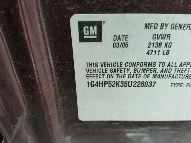 1G4HP52K35U226037 - 2005 BUICK LESABRE CU MAROON photo 10