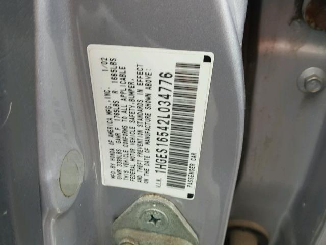 1HGES16542L034776 - 2002 HONDA CIVIC LX SILVER photo 10