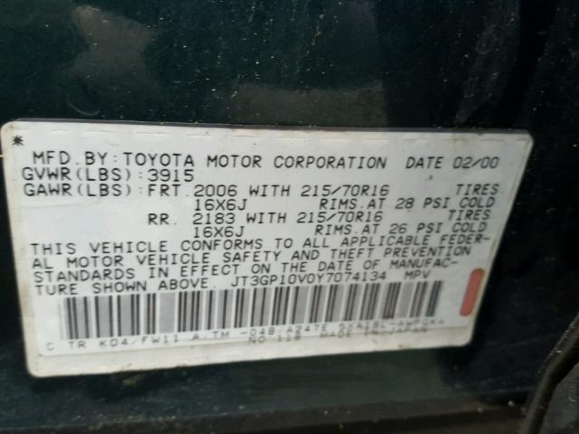 JT3GP10V0Y7074134 - 2000 TOYOTA RAV4 GREEN photo 10