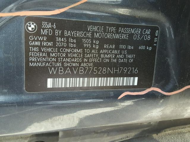 WBAVB77528NH79216 - 2008 BMW 335 I GRAY photo 10