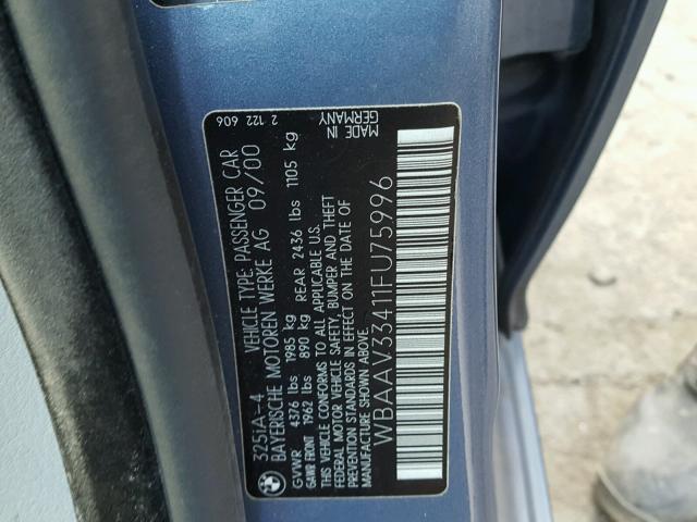 WBAAV33411FU75996 - 2001 BMW 325 I BLUE photo 10