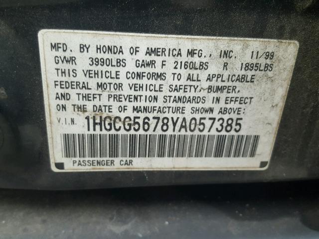 1HGCG5678YA057385 - 2000 HONDA ACCORD SE GREEN photo 10