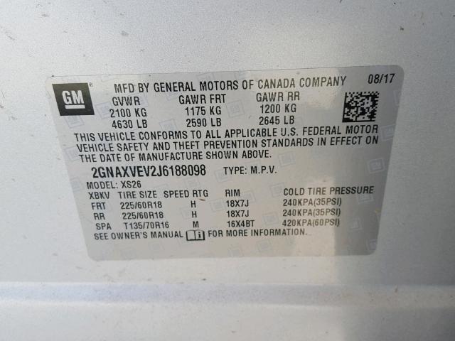 2GNAXVEV2J6188098 - 2018 CHEVROLET EQUINOX PR SILVER photo 10