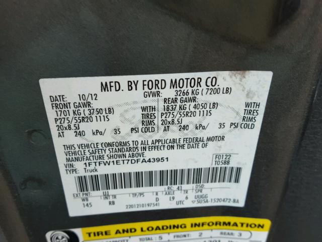 1FTFW1ET7DFA43951 - 2013 FORD F150 SUPER GRAY photo 10