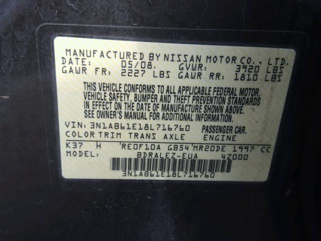 3N1AB61E18L716760 - 2008 NISSAN SENTRA 2.0 GRAY photo 10