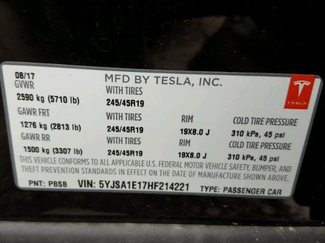 5YJSA1E17HF214221 - 2017 TESLA MODEL S 灰色 照片 10