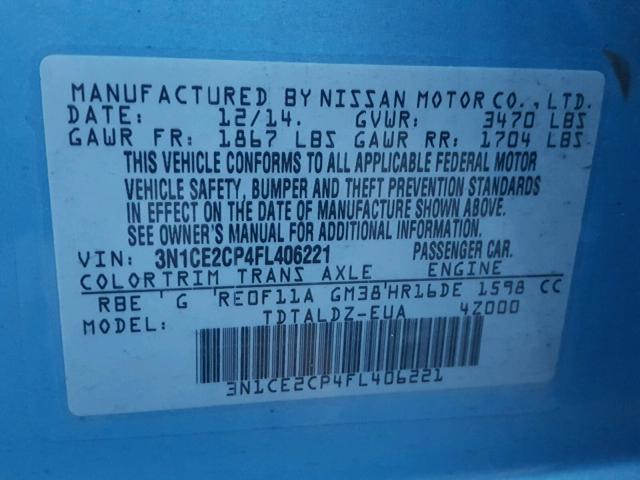 3N1CE2CP4FL406221 - 2015 NISSAN VERSA NOTE BLUE photo 10