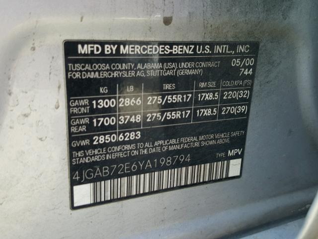 4JGAB72E6YA198794 - 2000 MERCEDES-BENZ ML 430 SILVER photo 10