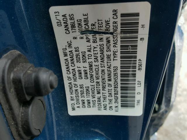 2HGFB2F85DH539763 - 2013 HONDA CIVIC EX Mavi fotoğraf 10