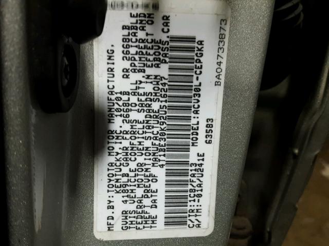 4T1BE30K92U516247 - 2002 TOYOTA CAMRY LE SILVER photo 10