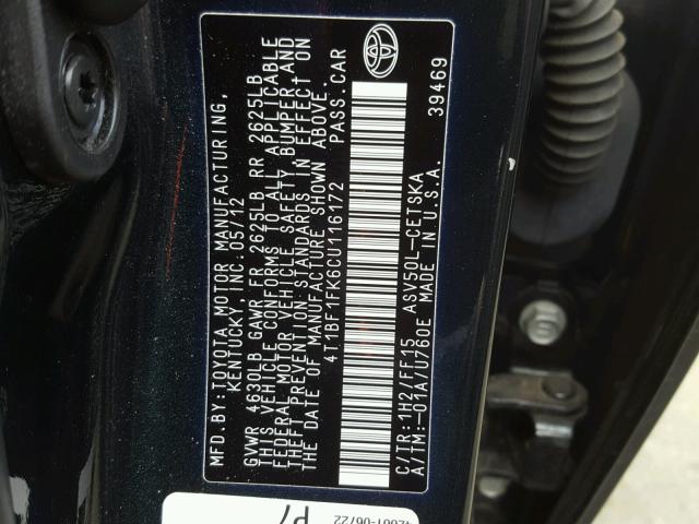 4T1BF1FK6CU116172 - 2012 TOYOTA CAMRY BASE BLACK photo 10