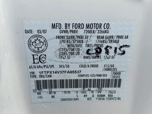 1FTPX14V37FA95537 - 2007 FORD F150 WHITE photo 10