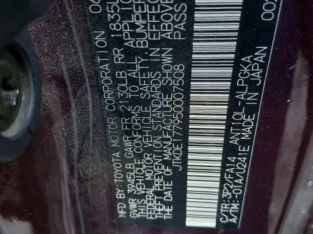 JTKDE177950007508 - 2005 TOYOTA SCION TC 勃艮第红 照片 10