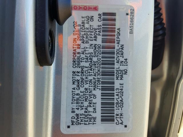 JTDBE30K020072090 - 2002 TOYOTA CAMRY LE ვერცხლისფერი ფოტო 10