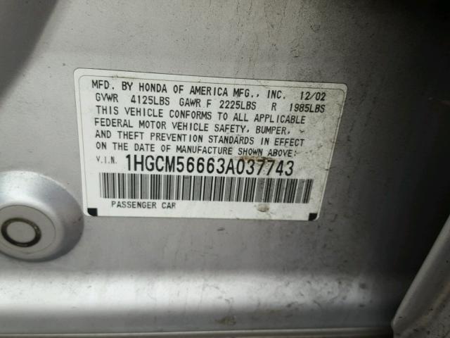 1HGCM56663A037743 - 2003 HONDA ACCORD EX SILVER photo 10