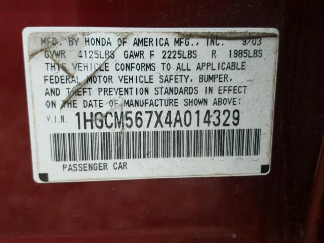 1HGCM567X4A014329 - 2004 HONDA ACCORD EX BURGUNDY photo 10