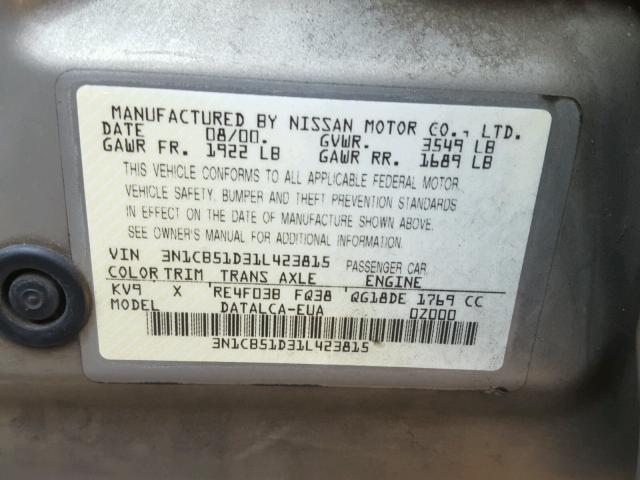 3N1CB51D31L423815 - 2001 NISSAN SENTRA XE GRAY photo 10