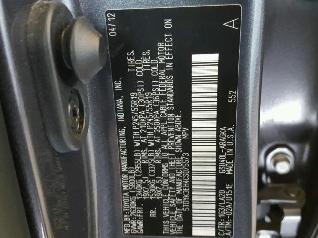 5TDYK3EH4CS075573 - 2012 TOYOTA HIGHLANDER GRAY photo 10