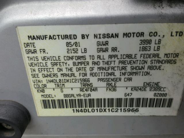 1N4DL01DX1C215966 - 2001 NISSAN ALTIMA XE SILVER photo 10