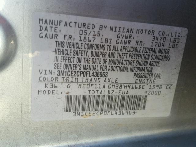 3N1CE2CP0FL436963 - 2015 NISSAN VERSA NOTE GRAY photo 10