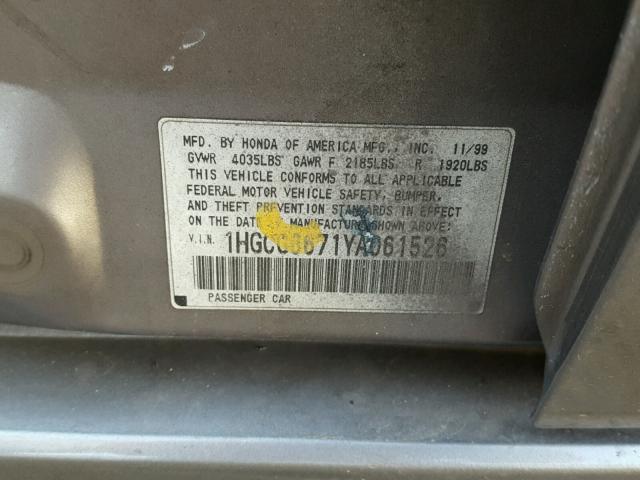 1HGCG6671YA061526 - 2000 HONDA ACCORD EX CHARCOAL photo 10