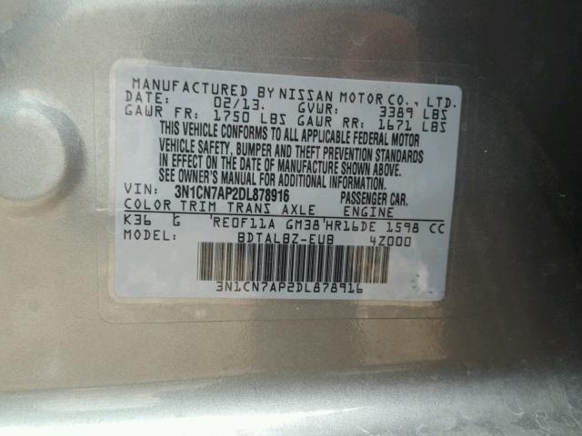 3N1CN7AP2DL878916 - 2013 NISSAN VERSA S GRAY photo 10