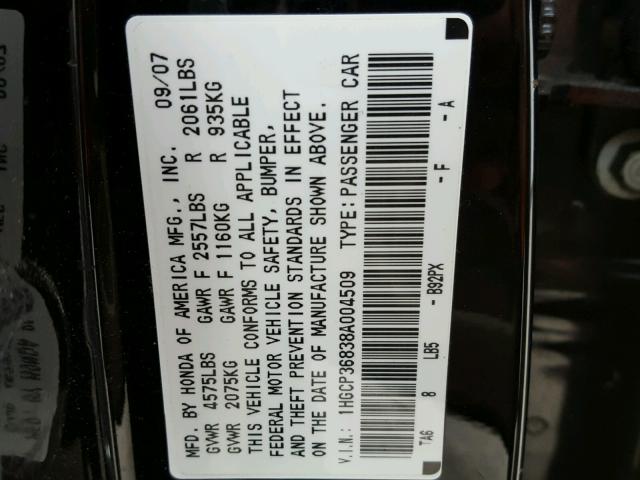 1HGCP36838A004509 - 2008 HONDA ACCORD EXL BLACK photo 10