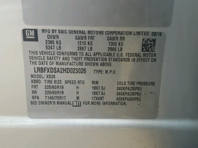 LRBFXDSA2HD023026 - 2017 BUICK ENVISION E GRAY photo 10