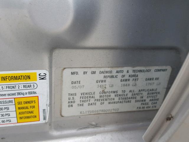 KL1TD56678B002703 - 2008 CHEVROLET AVEO BASE Gümüş foto 10