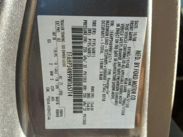 1FAHP34N99W165714 - 2009 FORD FOCUS S GRAY photo 10