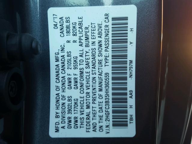 2HGFC3B35HH360559 - 2017 HONDA CIVIC EX GRAY photo 10