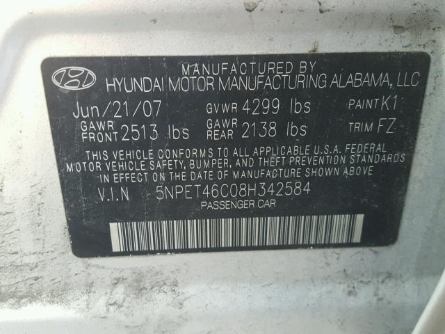 5NPET46C08H342584 - 2008 HYUNDAI SONATA GLS SILVER photo 10