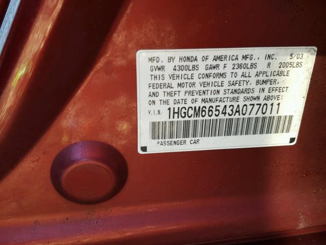 1HGCM66543A077011 - 2003 HONDA ACCORD EX BURGUNDY photo 10