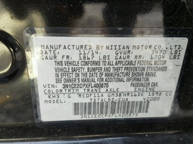 3N1CE2CPXFL400875 - 2015 NISSAN VERSA NOTE BLACK photo 10